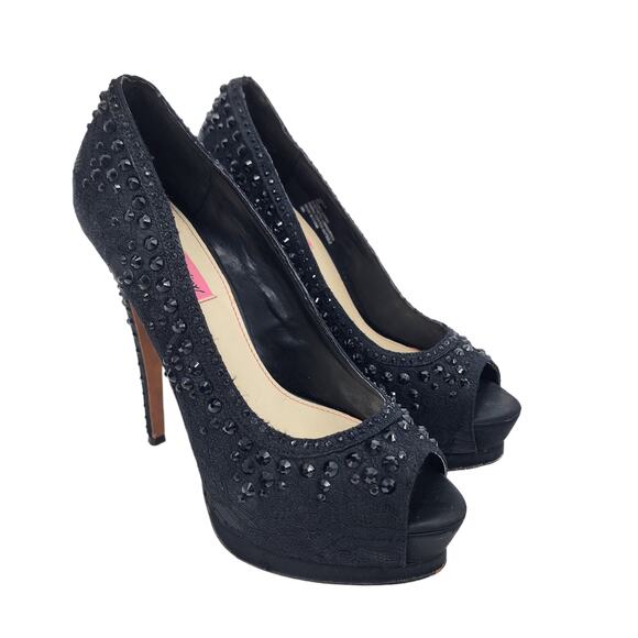 Betsey Johnson Black Embellished Studded Peep Toe 5' Platform Heels Size 9 - Picture 1 of 8